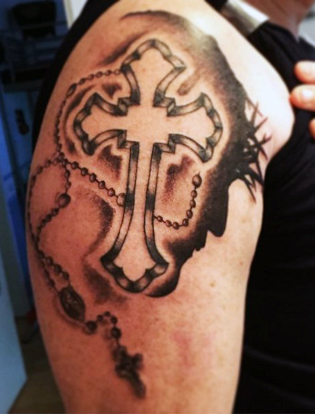 Cross And Rosary Tattoo On Half Sleeve