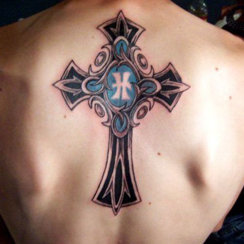 Cross Tattoo on Back With H Letter For Men