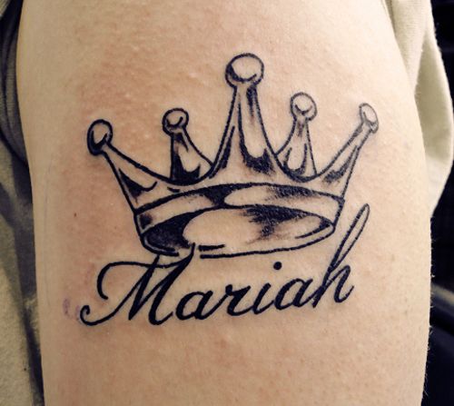 Crown And Mariah Lettering Tattoo On Upper Arm
