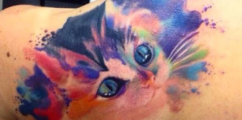 Cute Kitten Watercolor Tattoo On Back Shoulder
