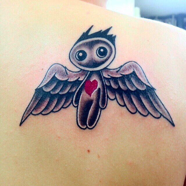Cute Love Angel Tattoo On Back Shoulder