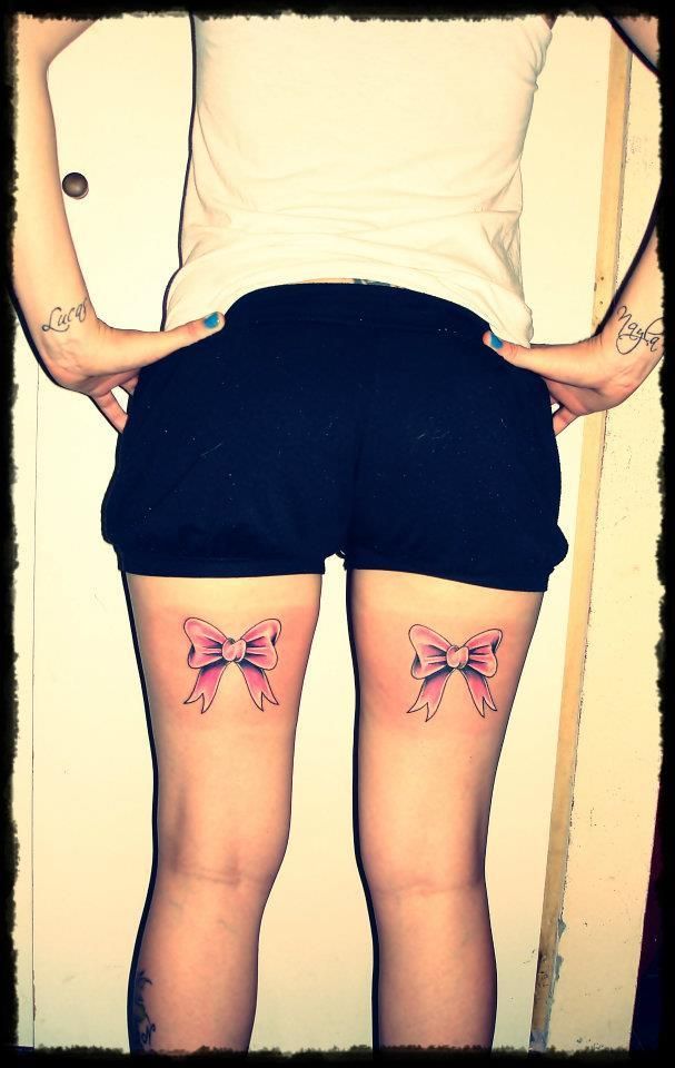 Cute Pink Bows Tattoo On Thighs