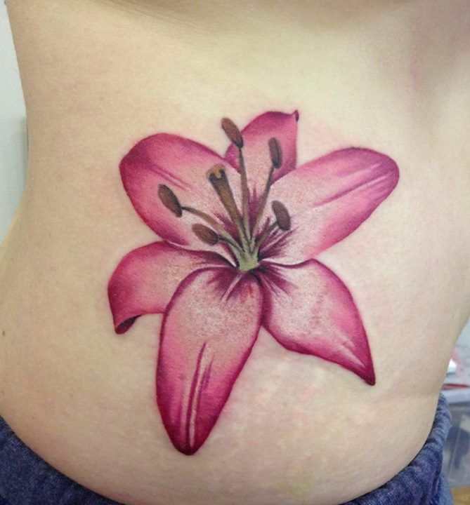 Cute Pink Orchid Tattoo On Side ib