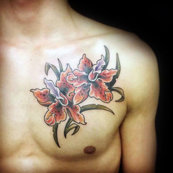 Cutte Orchid Flower Tattoo On Chest