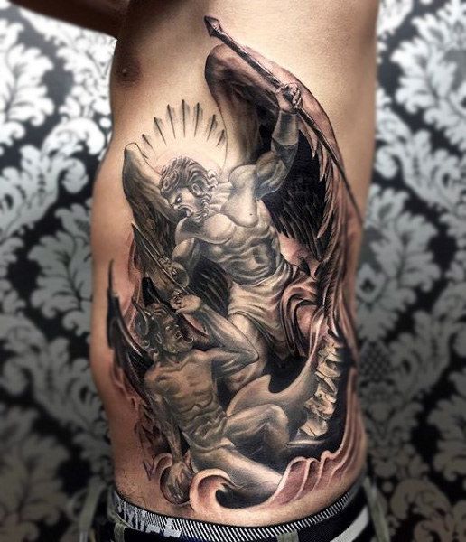 Devil And Angel Tattoo On Mens Side Rib