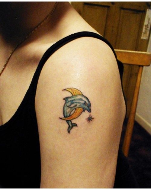 Dolphin And half Moon Tattoo On Shoulder