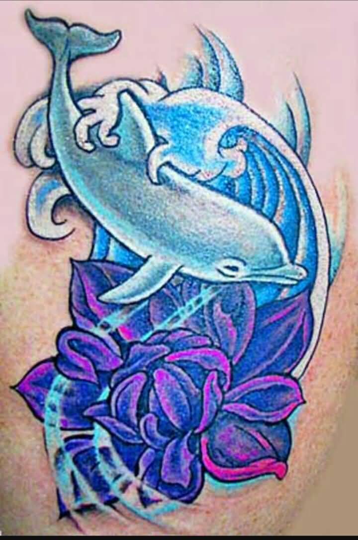 Dolphin With Water Wave And flower Tattoo design idea