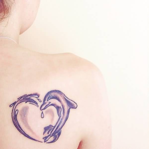 Dolphin and Water splash Heart Tattoo On Back shoulder