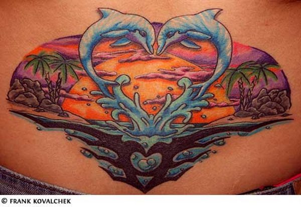 Dolphins Created heart And Sunset view In Background Tattoo