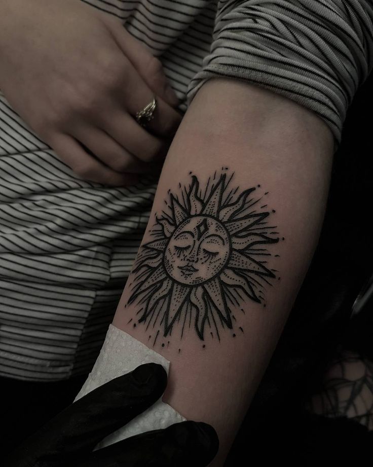 Dot Work Sun Tattoo With Closing Eyes