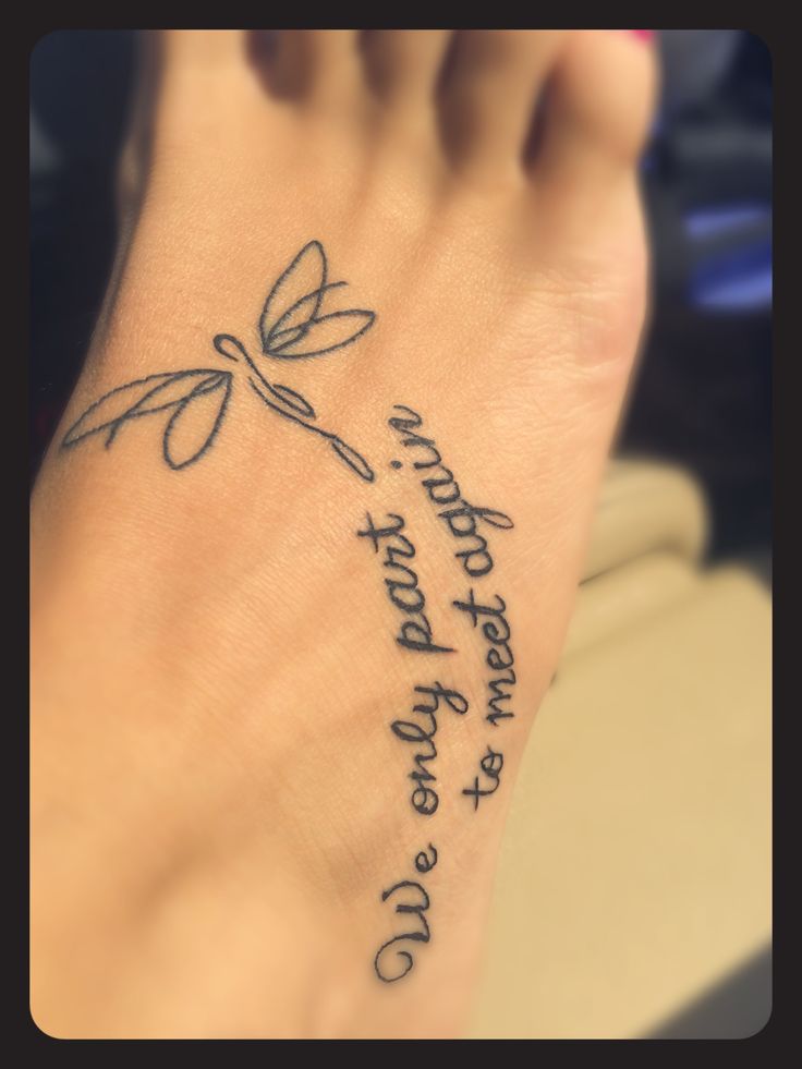 Dragonfly With Quote Tattoo On Foot