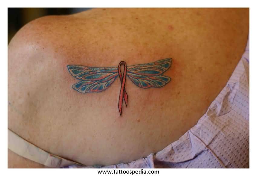 Dragonfly with Cancer Ribbon Tattoo Design On Shoulder