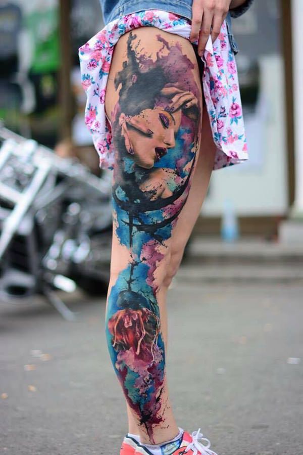 Extremely Amazing Girl Face Watercolor Tattoo On Leg