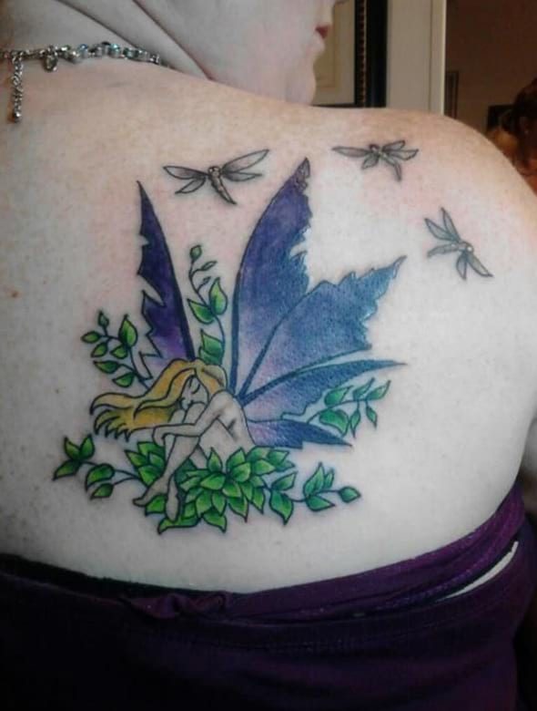Fairy Dragonfly Tattoo On Back Shoulder