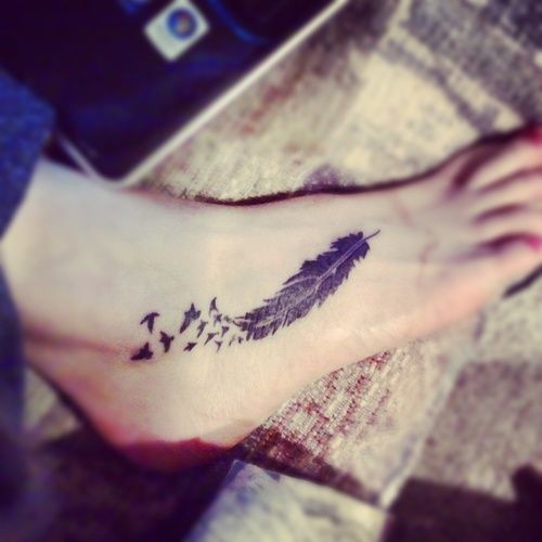 Feather And Birds Tattoo On Foot