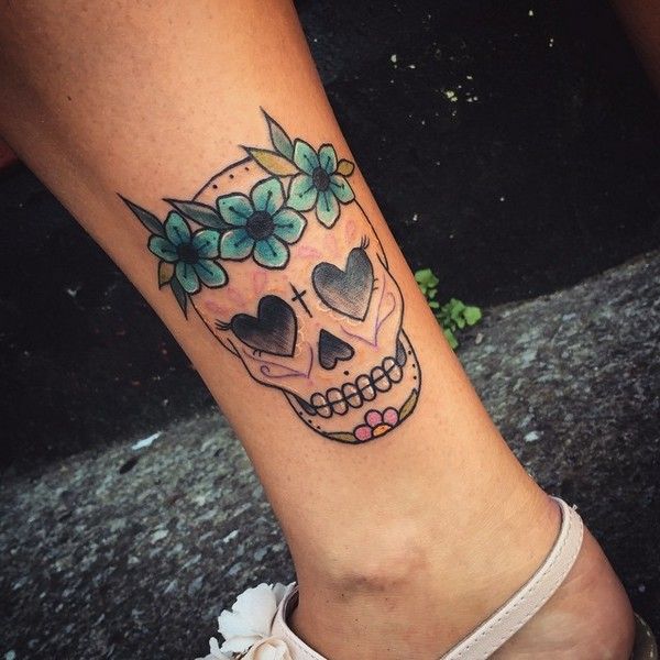 Feminine Sugar Skull Tattoo On Leg