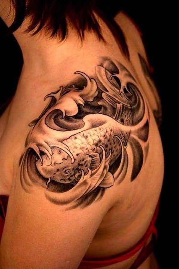 Fish In Waves 3d Tattoo On Back Shoulder