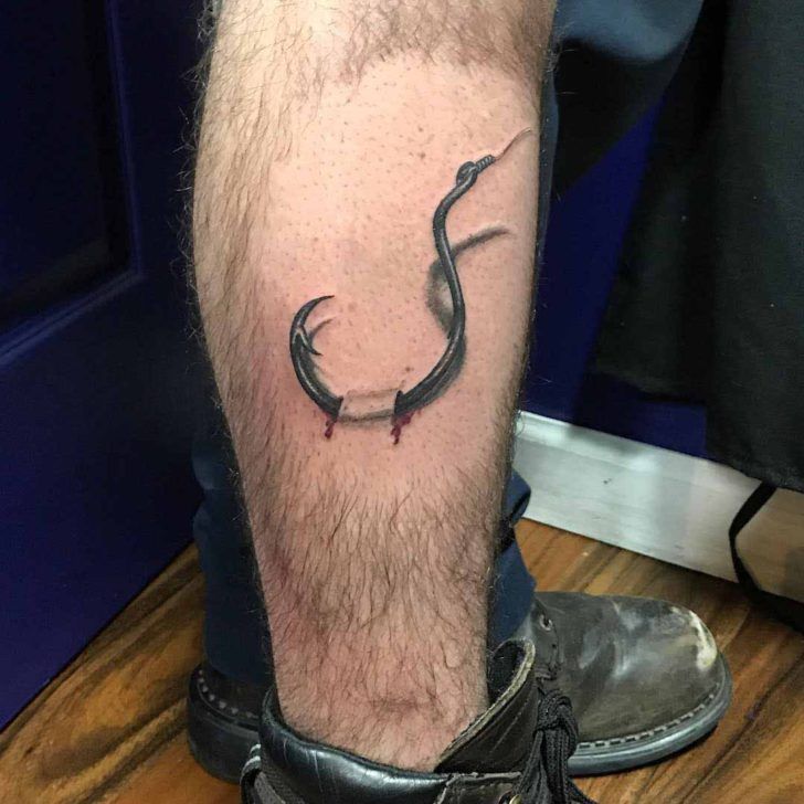 Fishing Hook 3d Tattoo On Leg