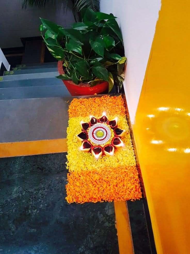 Flowers Door Mat With Diyas Decoration Idea For Diwali