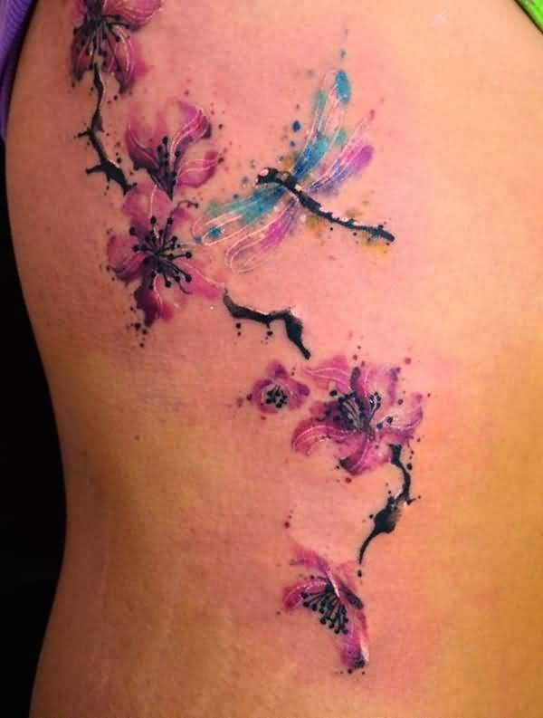 Flowers With Dragonfly Tattoo On Side Rib Cage