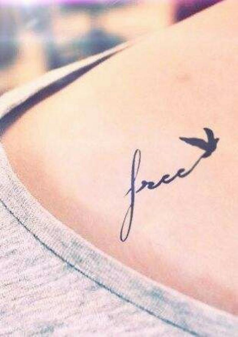 Flying Bird And Free Text Tattoo On Collar Bone