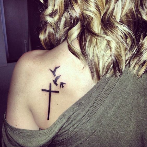 Flying Birds And Cross Tattoo On back Shoulder For Women