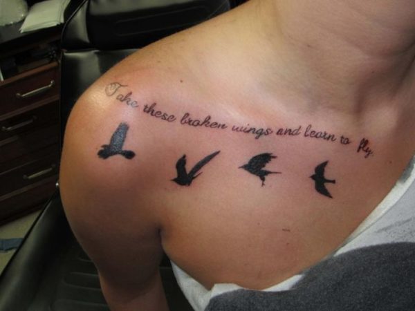 Flying Birds Tattoo With Quote On Collar Bone