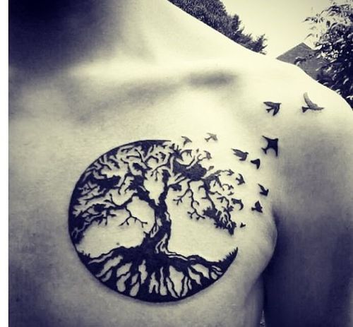 Flying Birds from Tree tattoo On Chest