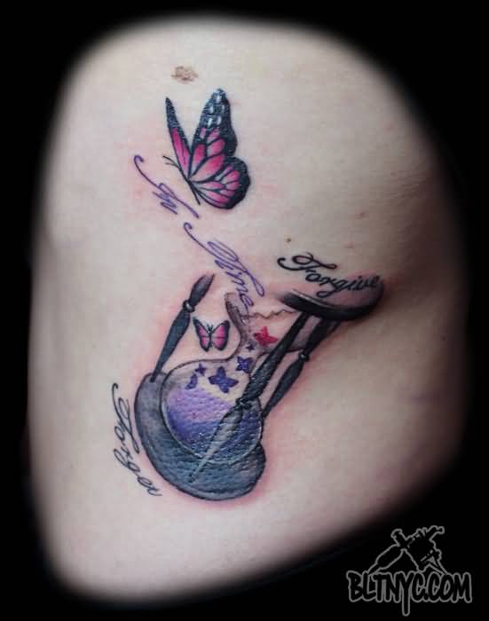 Flying Butterfly And Broken Hourglass TattooOn side Rib cage