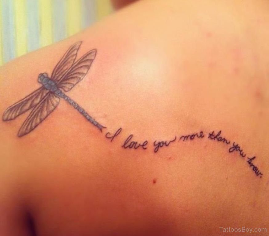 Flying Dragonfly Tattoo With Wording On Back