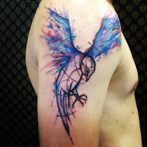 Flying Parrot Watercolor Tattoo On Bicep