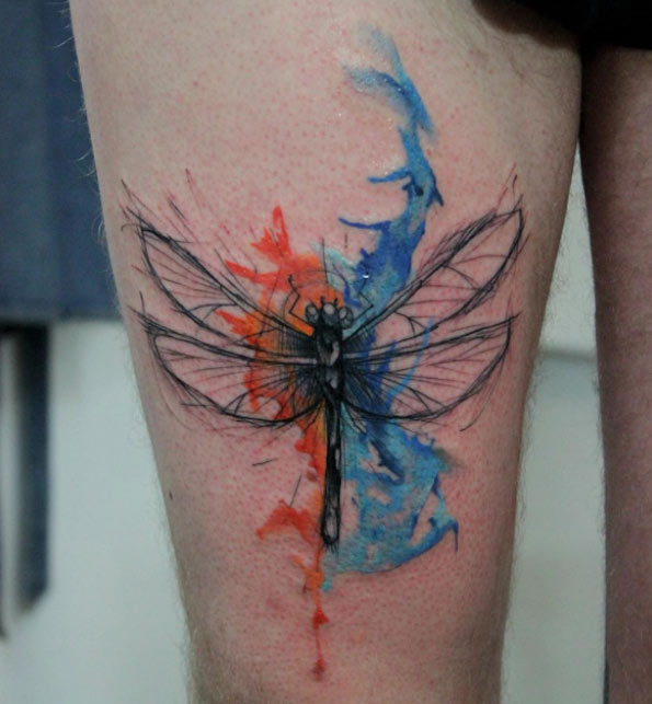 Freehand Watercolor Dragonfly Tattoo On thigh
