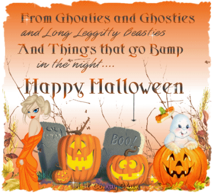 From Ghoulies Ghosties and long leggitty beasties and things that go bamp in the night Happy Halloween glitter card