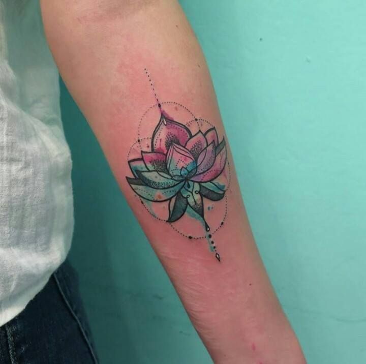 Geometric Watercolor Lotus Flower Tattoo On Forearm