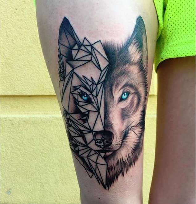 Geometric Wolf Face Tattoo on Thigh
