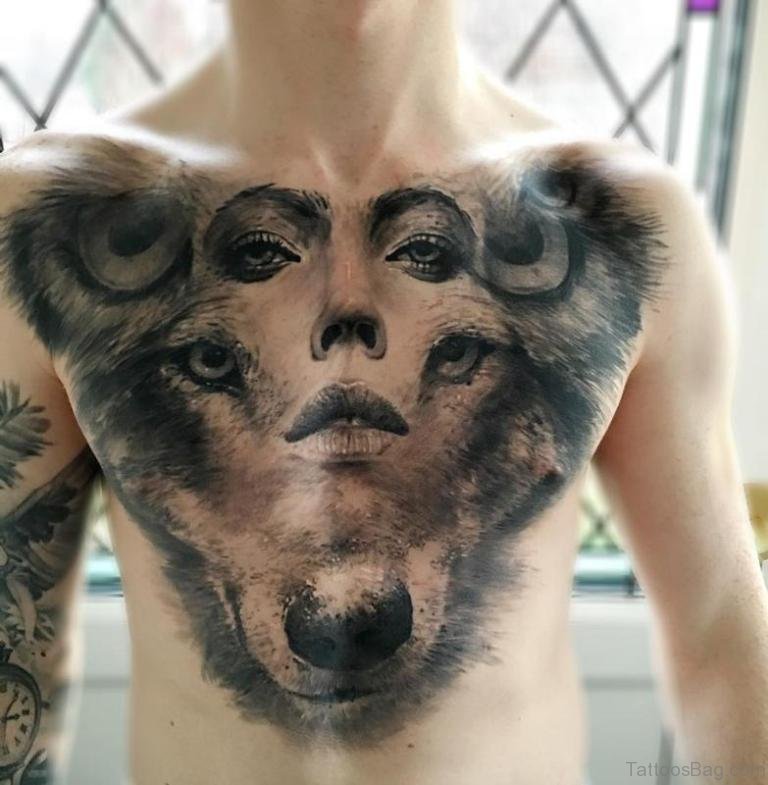 Girl And Wolf Face Tattoo On Chest