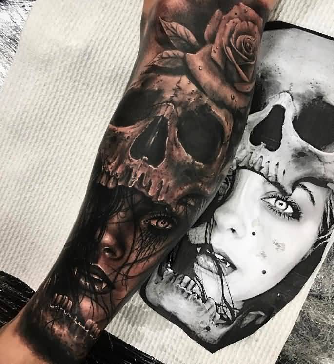 Girl Face In Skull Tattoo On Arm
