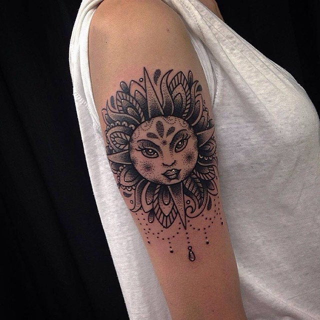 Girl Face Sun Tattoo On upper Arm