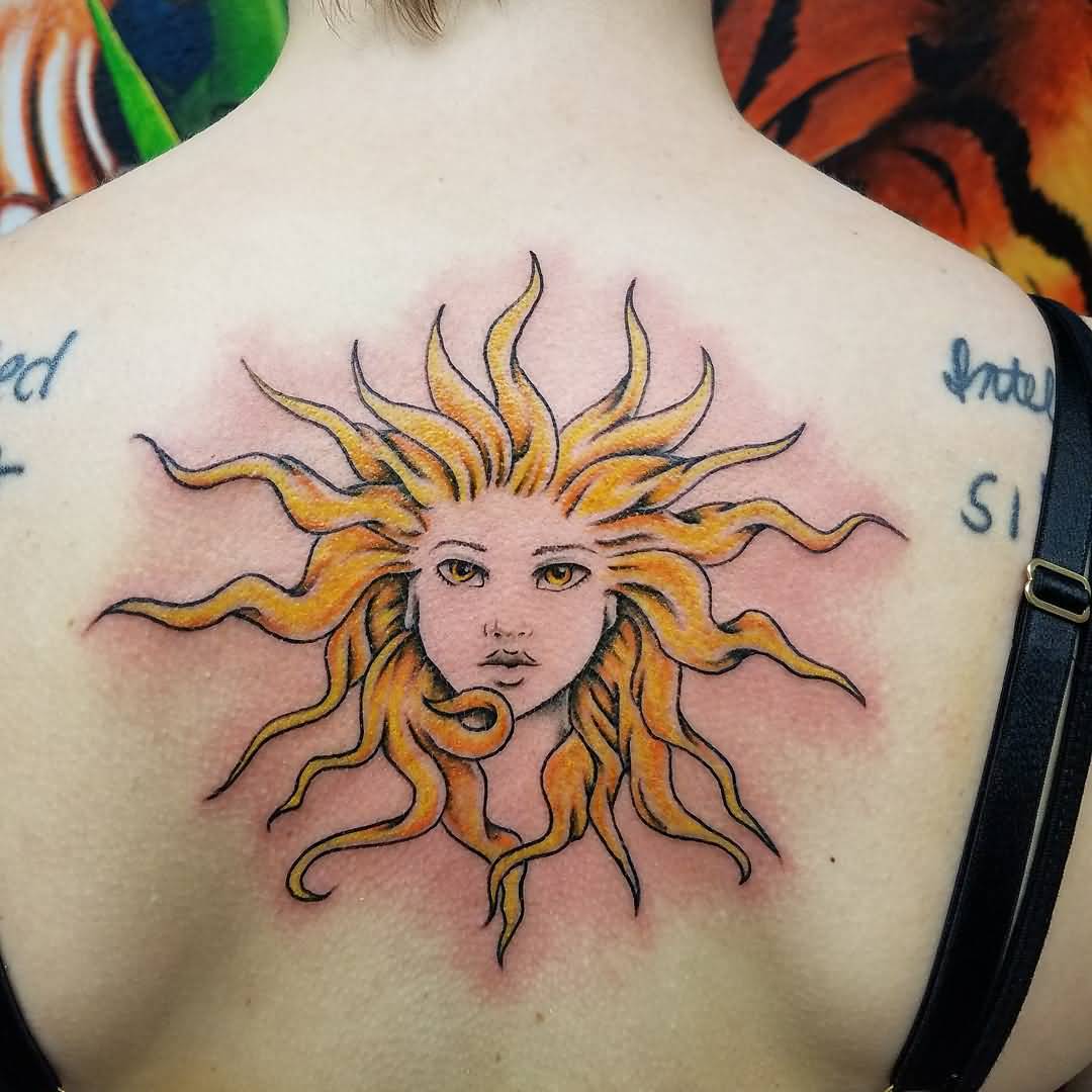 Girl face Sun Tattoo On Girls Back