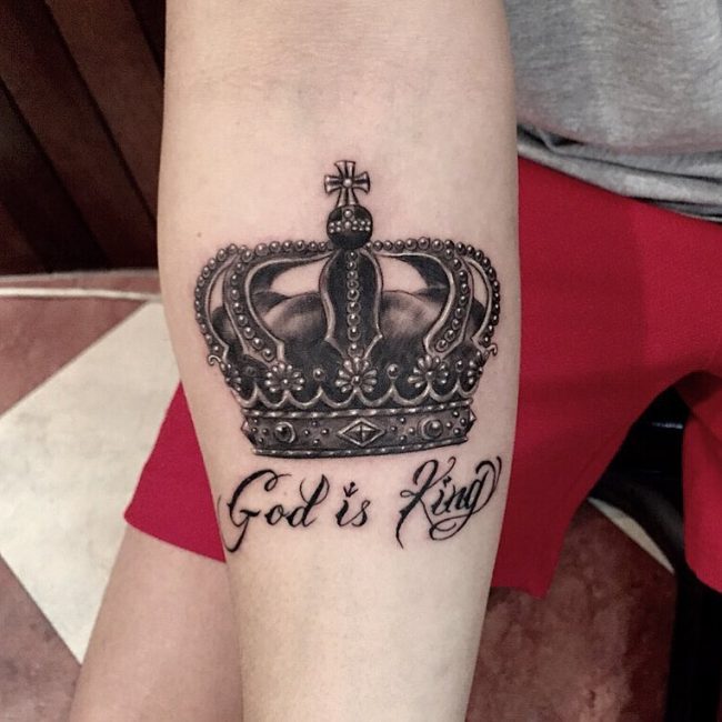 God Is King Crown Tattoo On Leg Calf