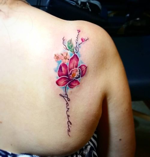 Goddess Orchid Tattoo On Right Back Shoulder