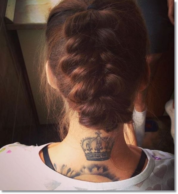 Gray Crown Tattoo On Girls neck back