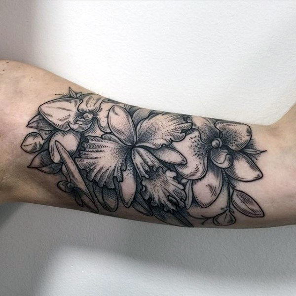 Gray Detailed Orchid Tattoo On Inner Arm Bicep