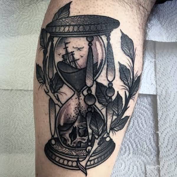 Gray Hourglass And Leaves Tattoo On Leg Calf