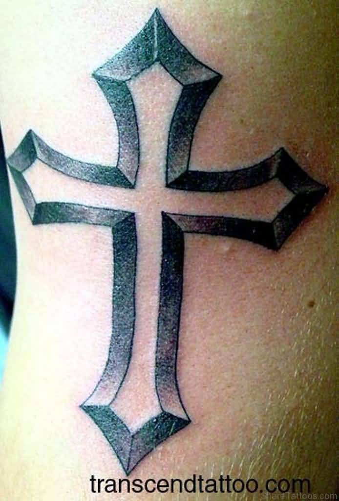 Gray Ink 3d Cross Tattoo On side Rib
