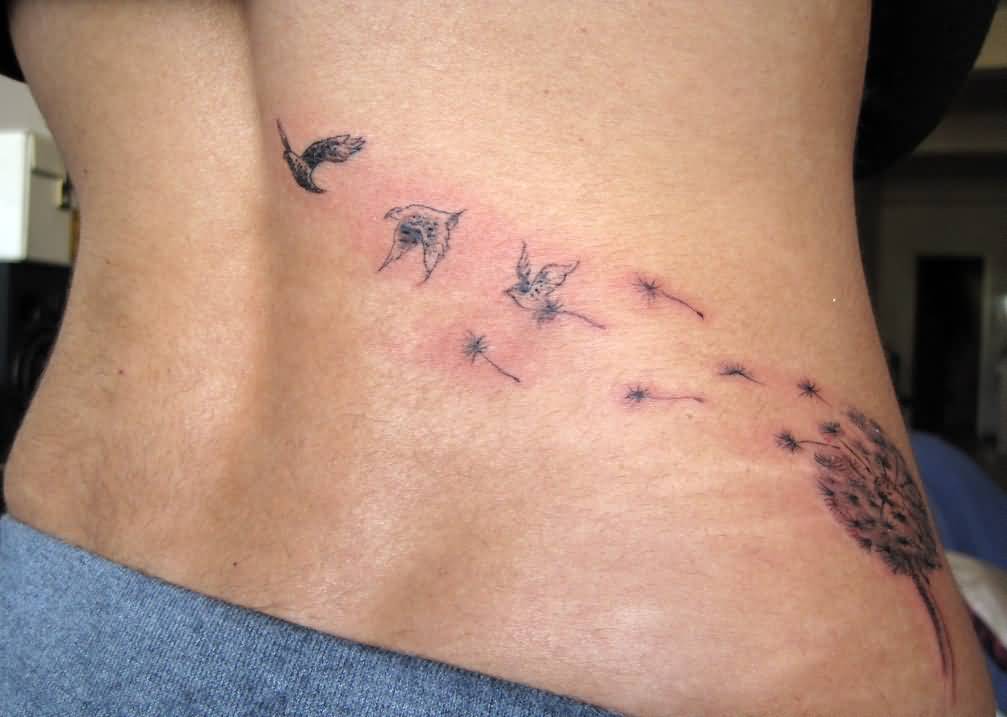Gray Ink Dandelion Puff And Birds Tattoo On Back