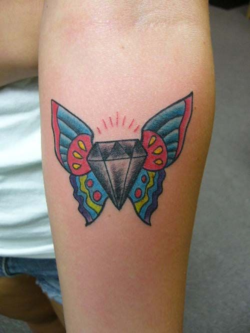 Gray Ink Diamond With Butterfly Wings tattoo On Leg