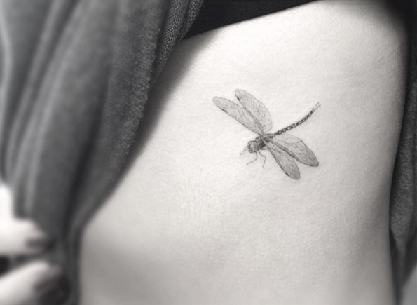 Gray Ink Dragonfly Tattoo On Rib Cage