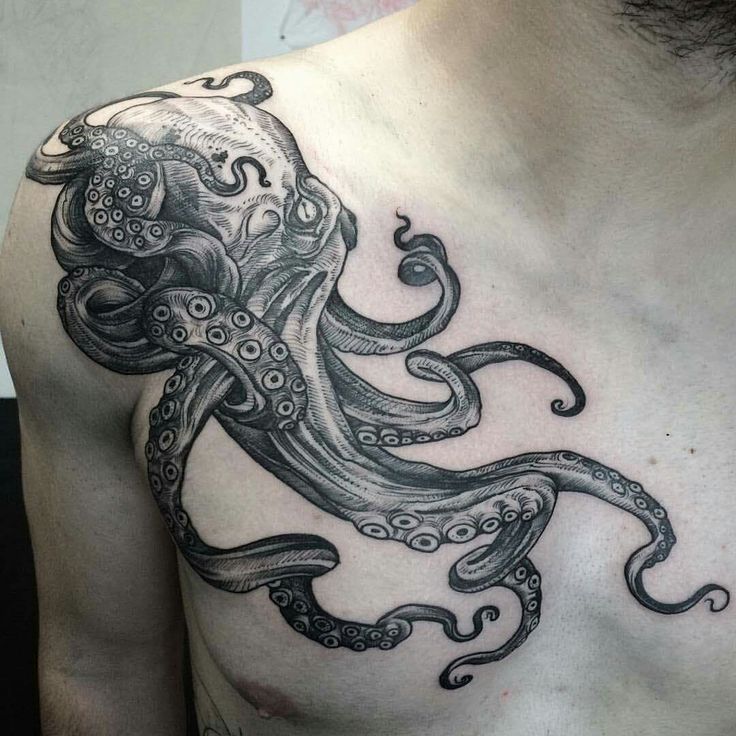 Gray Ink Octopus Tattoo On Right Shoulder