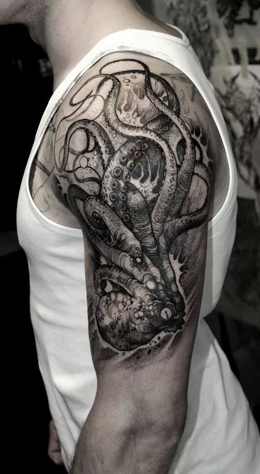 Gray Ink Octopus Tattoo On Upper Arm